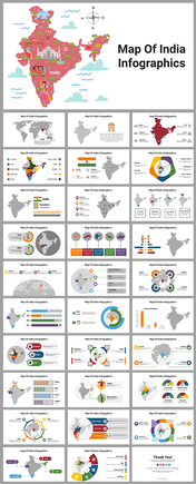 Map of India infographics with various data visuals, including demographic maps, bar charts, and pie charts.