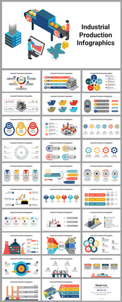 Pack of slides with colorful industrial infographics, featuring machinery, icons, charts, and production-related visuals.