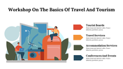 Travel-themed illustration with a large suitcase, a person seated on it, and service descriptions.