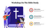 Slide featuring blue Bible illustration with white cross and two figures studying, and three colored circles with captions.