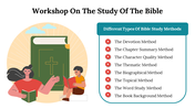 Visual of a Bible-focused workshop with two individuals reading and a list of study techniques.