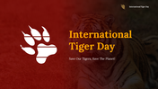 Slide deck overview for international tiger day, featuring its images and sections on conservation, threats, and habitat.