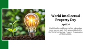 Slide celebrating World Intellectual Property Day on April 26, featuring a light bulb symbolizing innovation.