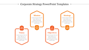 Corporate strategy layout with icons and captions for vision, mission, objectives, and strategy in orange frames.