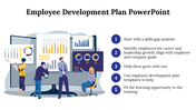 Illustration of employees analyzing charts on large screens with a list of five development steps on the right.