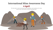 Illustration of workers with tools digging near mountains for mine awareness day, wearing safety helmets.