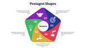 Pentagon shaped diagram with five colorful sections, each representing a business related concept with icons.