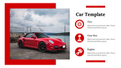 Slide showcasing a red convertible sports car with icons representing tire, gearbox, and engine with text area.