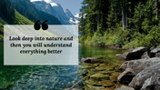 Serene nature landscape slide with a clear river, mountains, and dense green forest, overlaid with an inspirational quote.