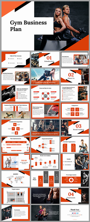 Red and white themed slide deck featuring fitness imagery, covering financial plans, target analysis, and competitors.