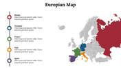 A color-coded European map highlighting five countries, including Russia and Spain with a description list on the left.