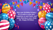 Birthday greeting card with balloons, confetti, and bunting, displaying a birthday message on a purple background.