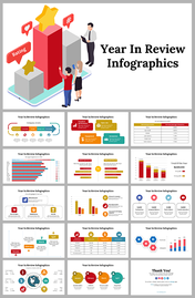 Infographic slide pack with charts, graphs, and visual elements showing a year in review, featuring colorful designs.