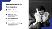 Split layout with mental health text and a monochrome image of a sad adolescent sitting on the right.