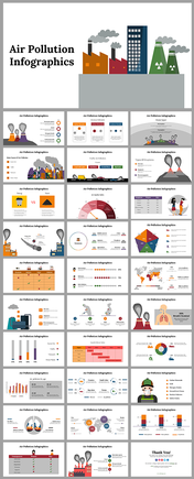 Comprehensive air pollution infographics with visuals of industrial pollution, statistical charts, and informational diagram.