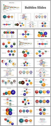 A collection of colorful bubble diagrams in PowerPoint slides showcasing various concepts with icons and text.