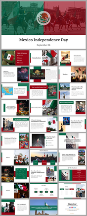 Slide pack with Mexico flag imagery and celebration highlights, And traditions using a green, white, and red color scheme.