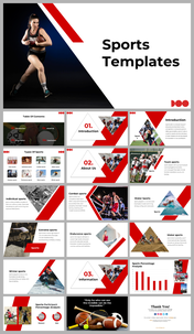 Slide pack featuring a variety of layouts with red, white, and black elements, showcasing athletes and sports images.