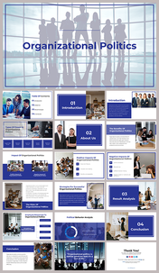 Organizational politics slide deck with a blue theme, covering types of power, impacts, and strategies for success.