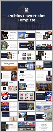 Multi-slide layout of a politics template featuring with imagery of government buildings and election themes.