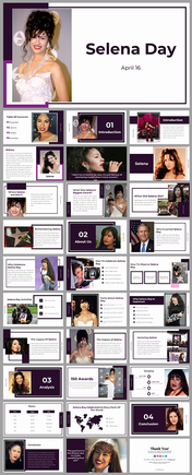 Slide deck with purple accents, featuring images of Selena covering her history, impact, and global celebrations.