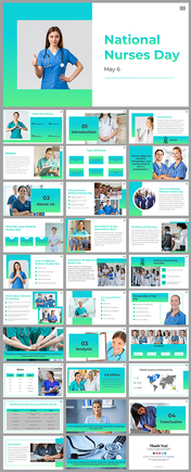 Slide deck with blue and green theme, featuring images of nurses, discussing activities, traditions, and global celebrations.