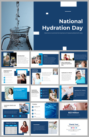 Pack of slides showcasing hydration benefits, with visuals of water drinking in blue and white accents.