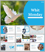 Blue and white slide pack with a central dove image, featuring cultural and historical details about Whit Monday.