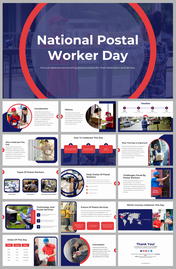 Slide deck for national postal worker day, highlighting the role, duties, challenges, and future of postal workers.