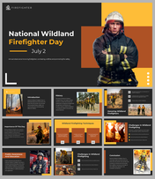 Firefighter-themed slide deck with images of wildland firefighters, highlighting national wildland firefighter day.