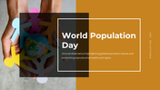 Informative slide deck for world population day, featuring sections on history, trends, family planning, and migration.