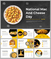 Slide deck with black and yellow theme, highlighting various mac and cheese styles, history, and its role as comfort food.