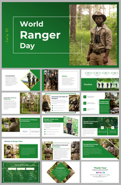 Slides dedicated to world ranger day, highlighting ranger roles, challenges, and community partnerships on a green theme.