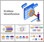 A pack of problem identification slides with various colorful layout designs and icons with placeholder text.