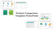 Slide pack showing different product comparison layouts with colorful tables, icons, and charts in green, blue, and orange.