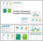 Slide pack showing different product comparison layouts with colorful tables, icons, and charts in green, blue, and orange.