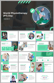 Physiotherapist treating a patient's leg, marked by a circle, with world physiotherapy day slide deck on September 8.