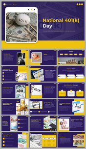 An egg showing U.S. dollar bills, next to the text national 401(k) day slide deck on a yellow and purple-themed background.