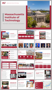 MIT themed slide deck with sections on research, campus life, admissions, leadership, and social impact initiatives.