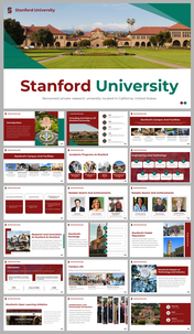 Stanford University slides featuring its history, rankings, campus life, and collaborations, with red and green theme.