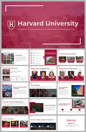 Harvard University slides featuring various sections on history, alumni, academics, and campus life in maroon accents.