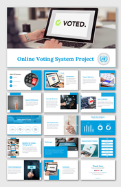 A pack of overview online voting system slides with many sections and images on a blue theme with text descriptions.