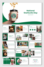 Collection of slides featuring coffee cup images, covering Starbucks history, menu, and sustainability in green theme.