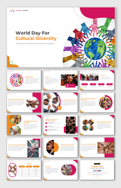 Slide deck in bright colors with circular designs and hands around the globe, focusing the celebration of cultural diversity.