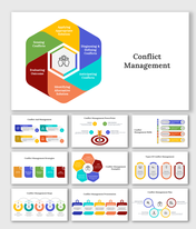 Conflict management slides outline key steps with various colorful design layouts and icons with text descriptions.