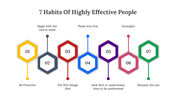 Seven colorful hexagons numbered 01 to 07 with captions below, connected by vertical lines showing a flow of habits.