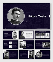 Slide deck with historical monochrome images of Nikola Tesla including his early life and inventions in dark purple backdrop.