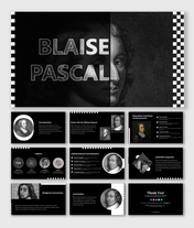 Blaise pascal slides feature many topics like education, scientific achievements, and religious conversion on a dark theme.