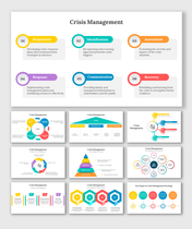 Slide deck on crisis management featuring colorful hexagons, pyramids, and process charts outlining key steps.