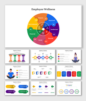 Deck of slides with colorful diagrams showing the details of health, balance, and employee support.